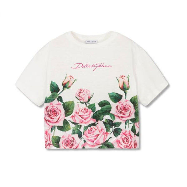 Girls Ivory & Pink Rose Print T-Shirt