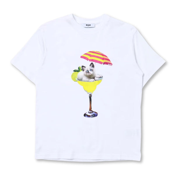 Girls White Cat Print Cotton T-Shirt