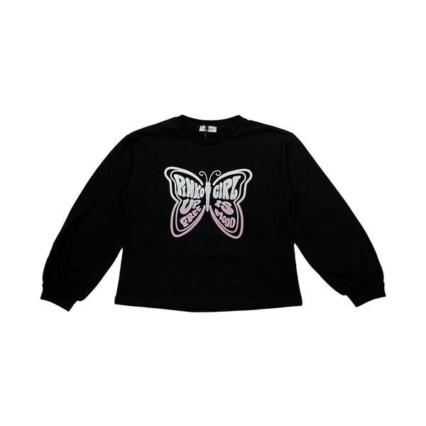 Girls Black Butterfly Logo Full Sleeves T-Shirt
