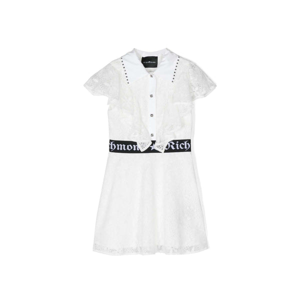 Girls White Floral Lace Flared Dress