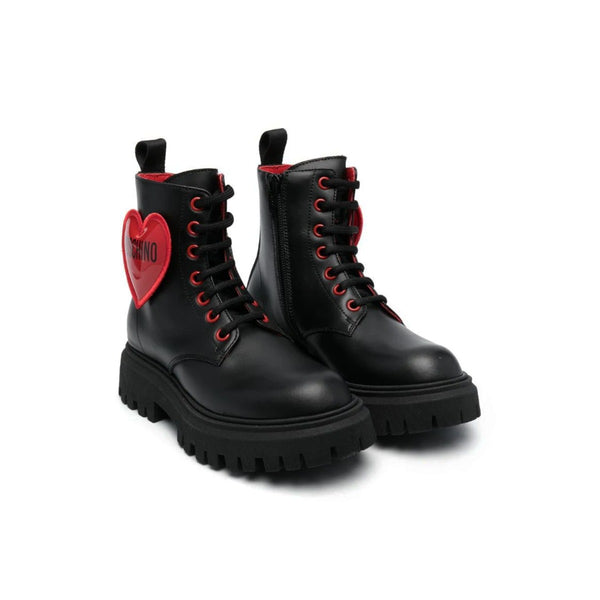 Girls Black Heart-Patch Combat Boots