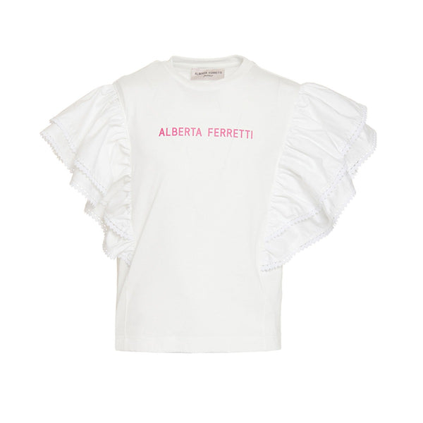 Logo Print Ruffle Detail Off-White T-shirt
