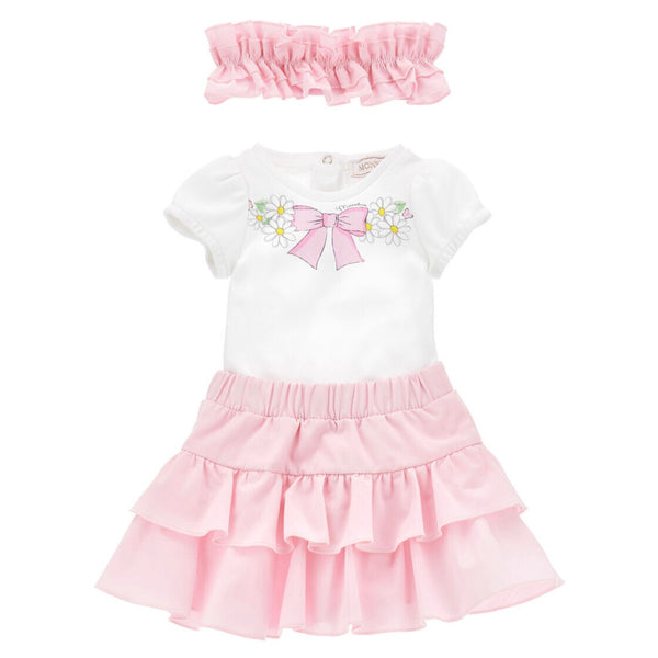 Baby Girls White & Pink Skirt Set With Headband