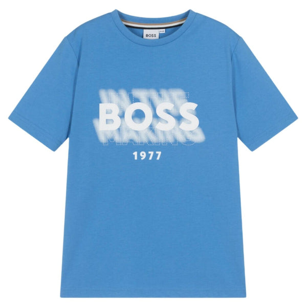 Boys Blue Cotton Graphic Logo T-Shirt