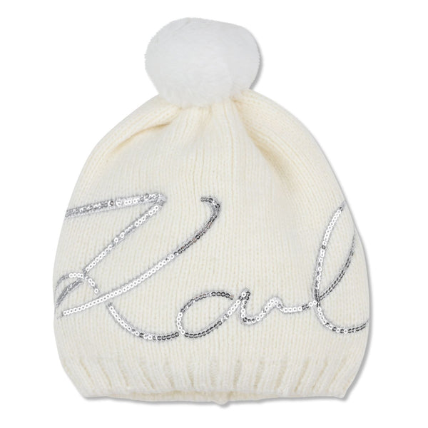 Girls Ivory Logo-Print With Pompom Beanie