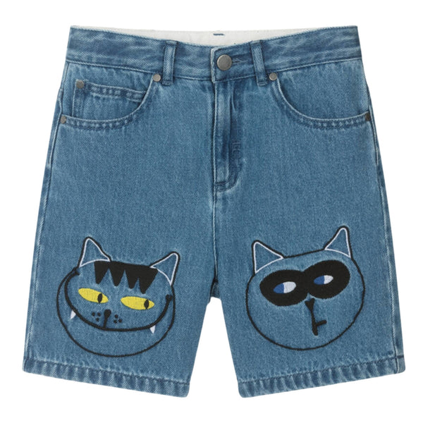 Boys Blue Denim Embroidered Cats Shorts