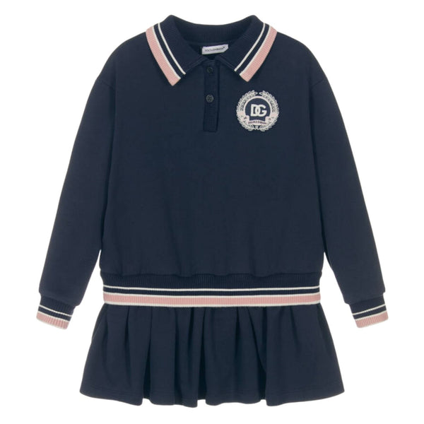 Girls Navy Blue Sweatshirt Dress with Crest Logo