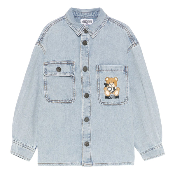 Boys Denim Blue Teddy Bear-Print Shirt