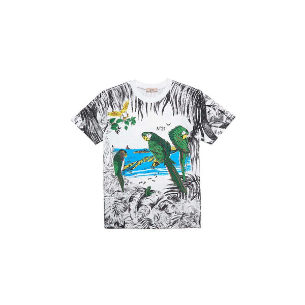 White Jersey T-Shirt With Vintage Tropical Print
