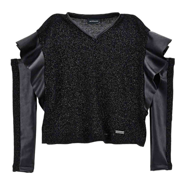 Girls Black Metallic-Threading Panelled Top with Sleeves