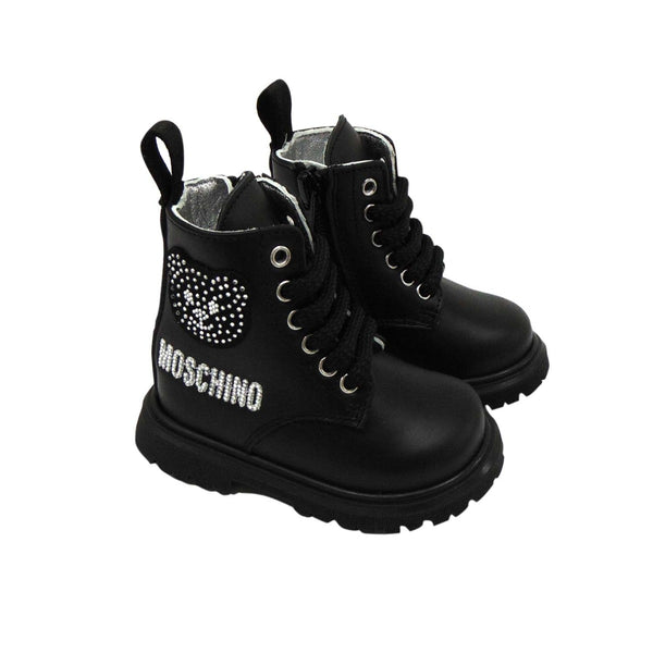 Black Ankle Length Moschino Boots With Glittering Teddy Bear Logo