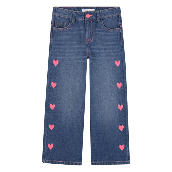 Girls Blue Embroidred Heart-Print Jeans