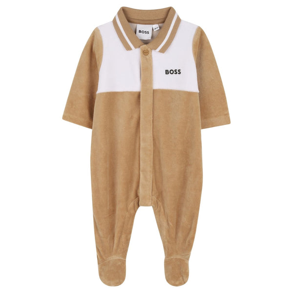 Baby Boys Beige Velour Romper with Ribbed Collar