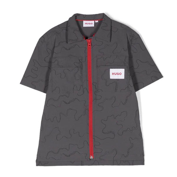 Boys Dark Grey Printed Zipped Shirt
