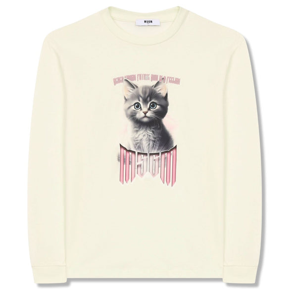 Girls Cream Cat-Print T-Shirt