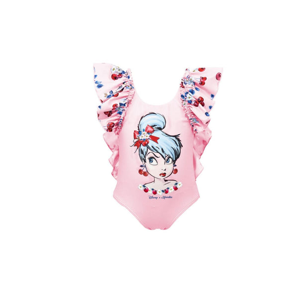 Girls Pink Tinkerbell Stretch Swimsuit With Ruffles