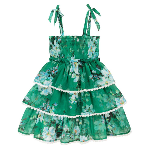 Girls Green Cotton Tiered Dress