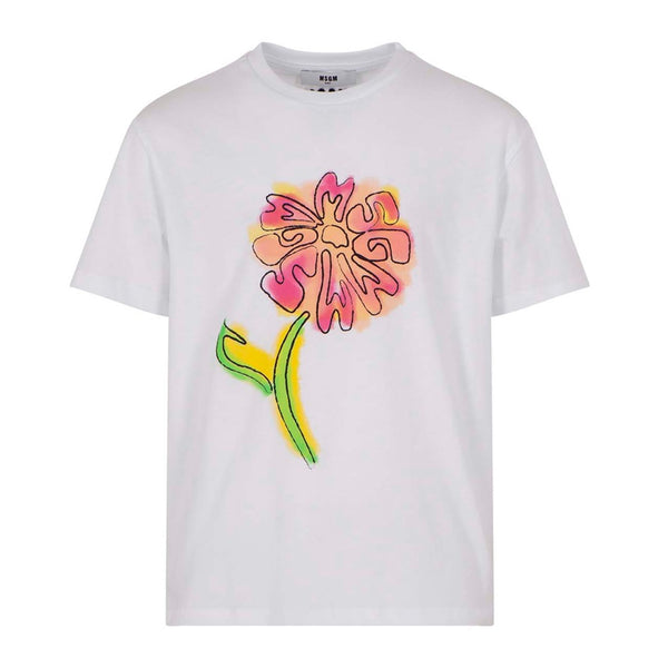Girls White Flower Print Cotton T-Shirt