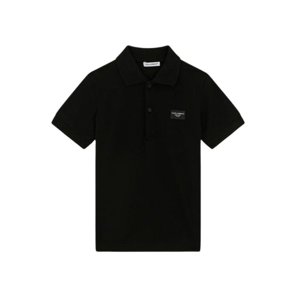 Boys Black Cotton Polo T-Shirt With Logo Patch