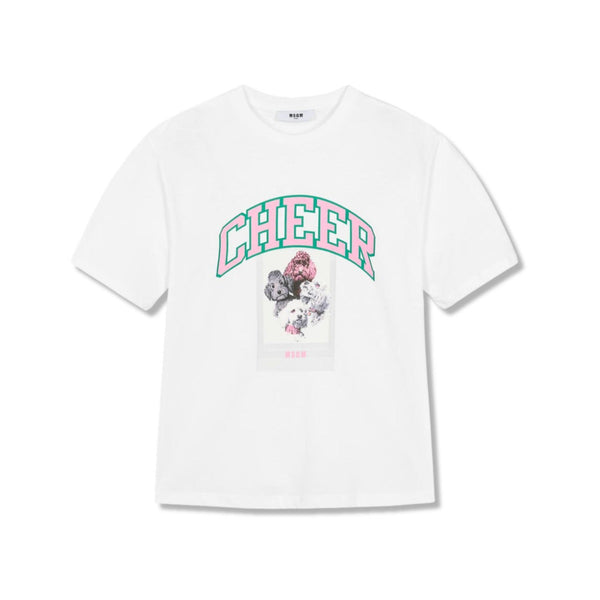 Girls White Cotton Varsity Dog T-Shirt