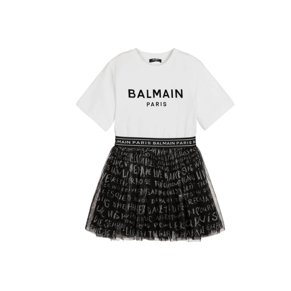 White & Black Logo Print Dress