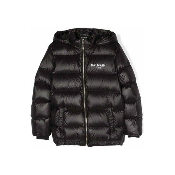Kids Black Logo Print Hooded Puffer Jacket