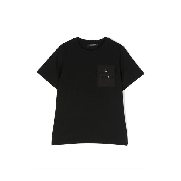 Boys Black Logo Patch Cotton T-Shirt