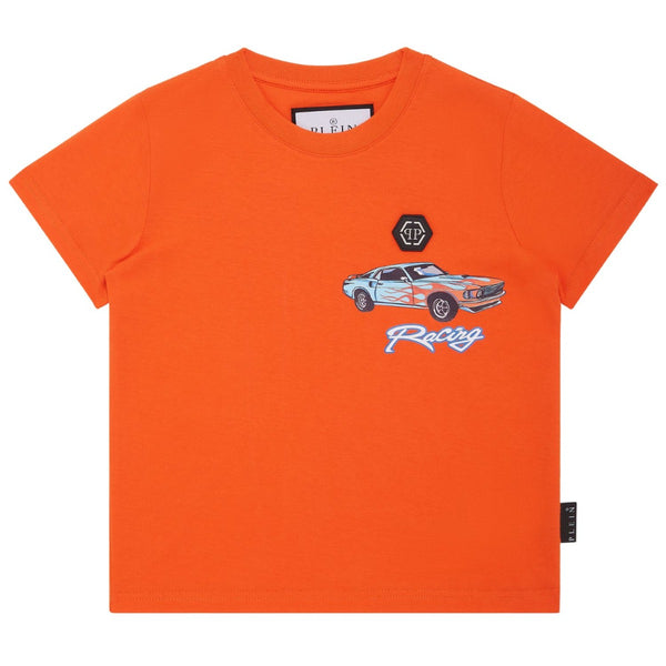 Boys Orange Car Logo-Patch Cotton T-Shirt