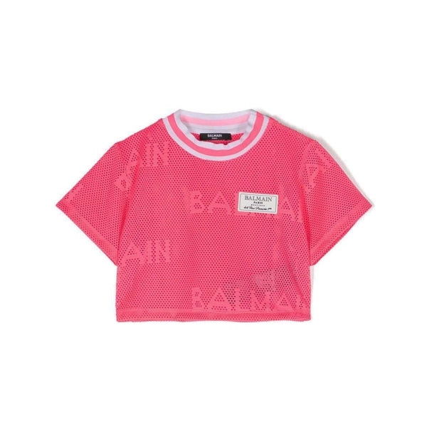 Girls Pink Logo-Patch Mesh T-shirt