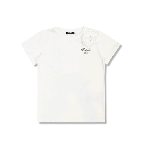 Girls White Cotton Bow T-Shirt