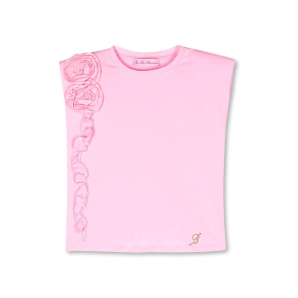 Girls Pink Sleeveless Floral-Applique T-shirt