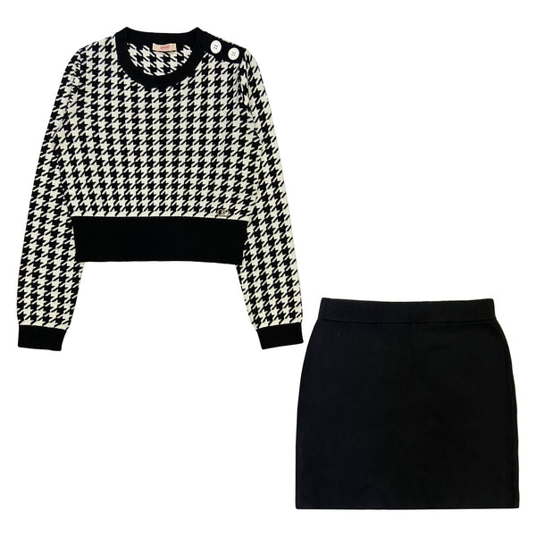 Girls Black & White Houndstooth Knitted Skirt Sets