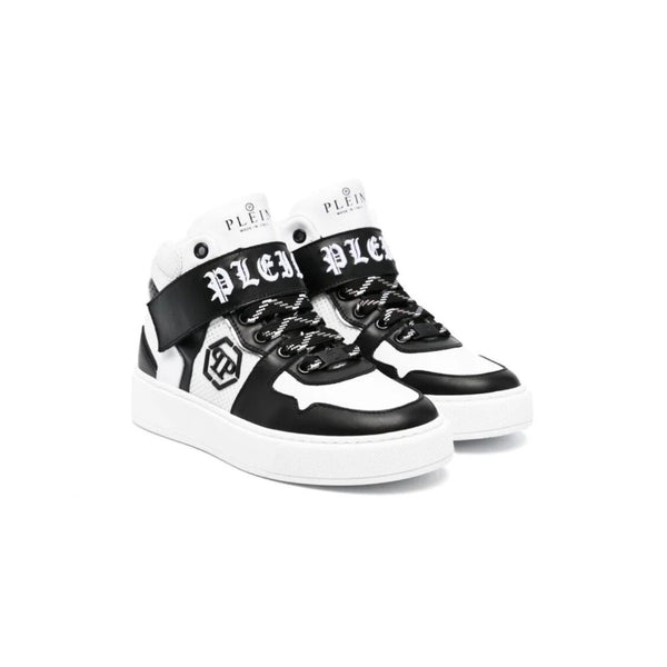 Boys White & Black Logo-Embroidered Leather Sneakers
