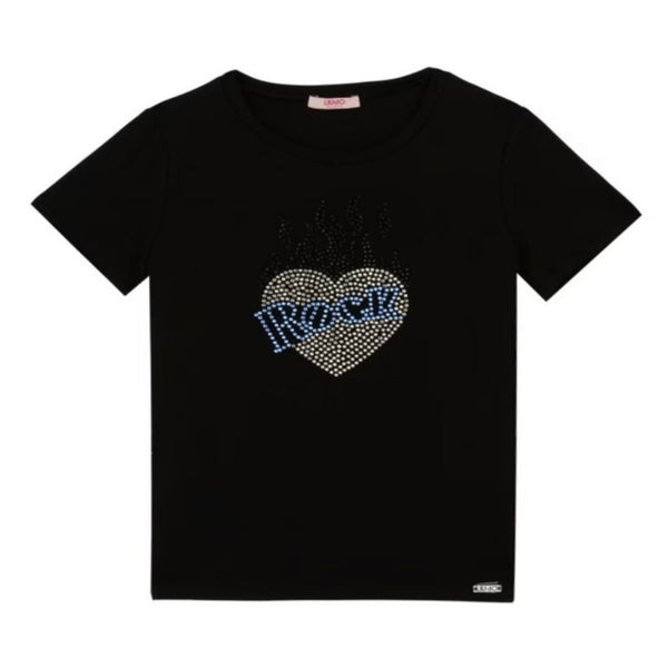 Girls Black Rhinestones-Heart Cotton T-Shirt