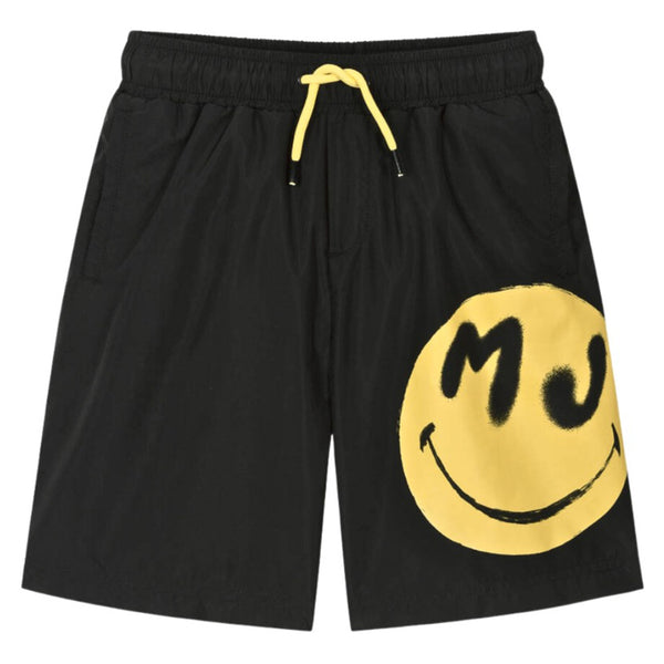Boys Black Smile-Print Swim Shorts