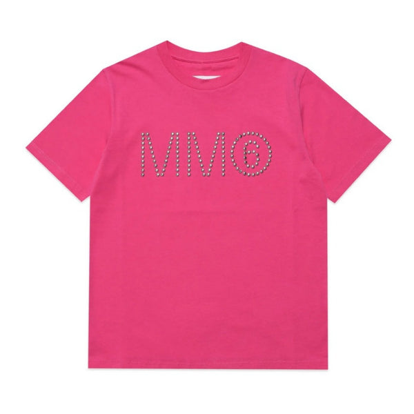 Girls Pink Cotton Studded Logo T-shirt