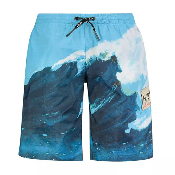 Waves Print Nylon Swim Shorts