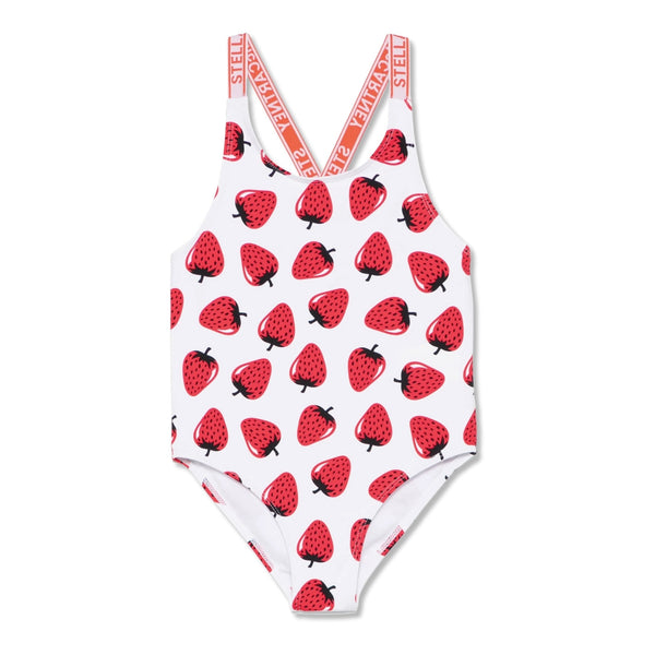 Girls White Strawberry Print Swimsuit(UPF50+)