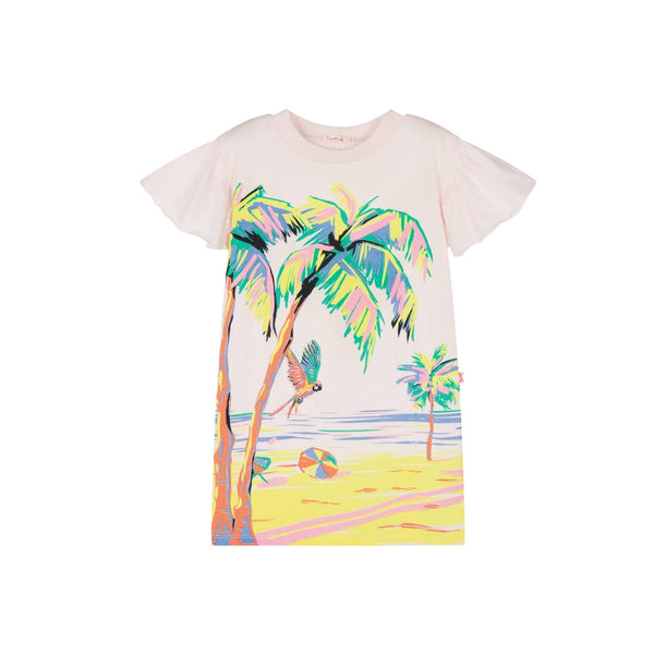 Girls Pink Cotton Palm Tree Print Dress
