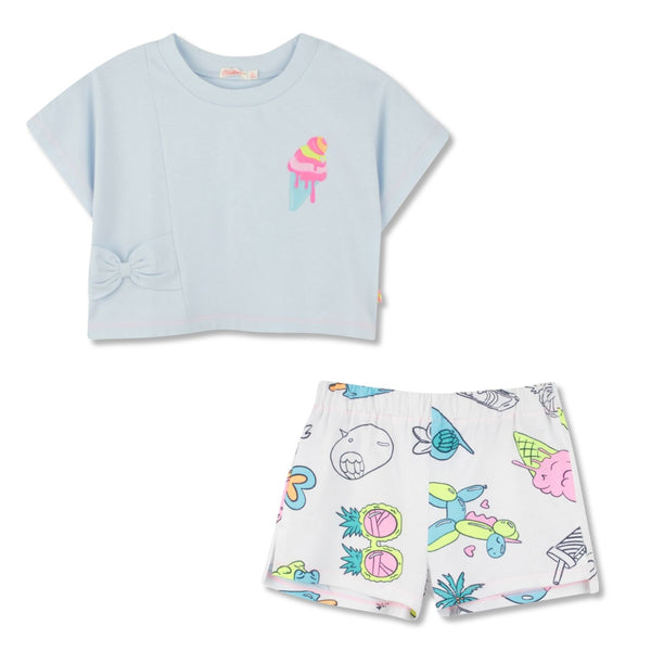 Girls Blue & White Printed Shorts Set