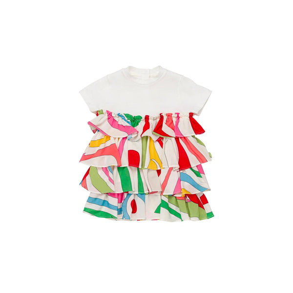 Girls White Ruffles And Marble Print Dress