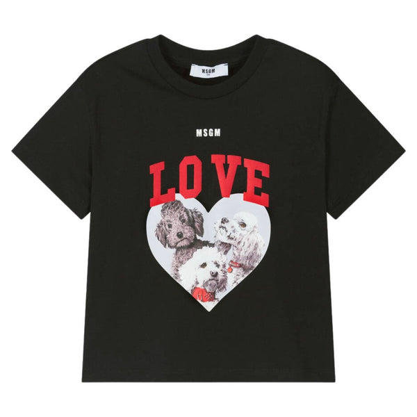 Girls Black Cotton Puppy T-Shirt