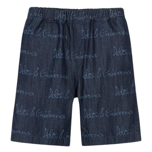 Boys Dark Blue Cotton Shorts With Logos