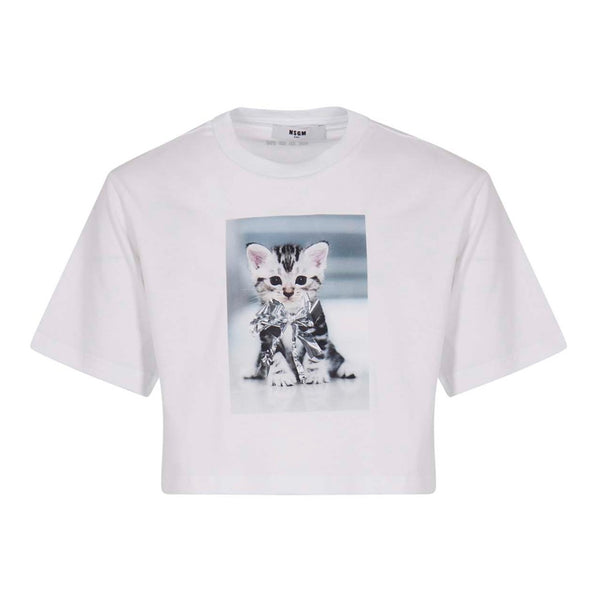 Girls White Cropped Cotton T-Shirt