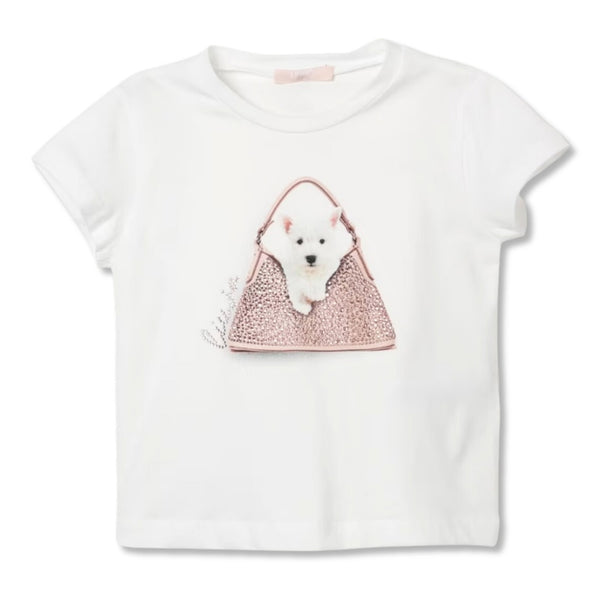 Girls White Bear Print T-Shirt With Rhinestones