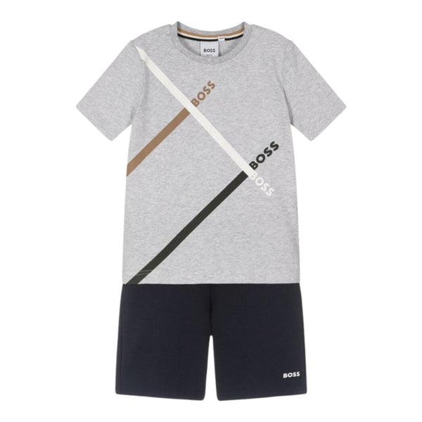 Boys Grey & Blue Cotton Logo Shorts Set