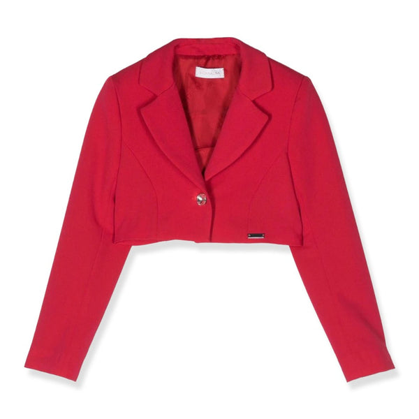 Girls Red Single-Breasted Cropped Blazer