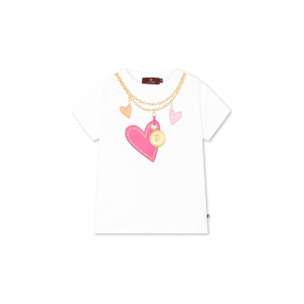 Girls White Cotton Heart & Chain T-Shirt