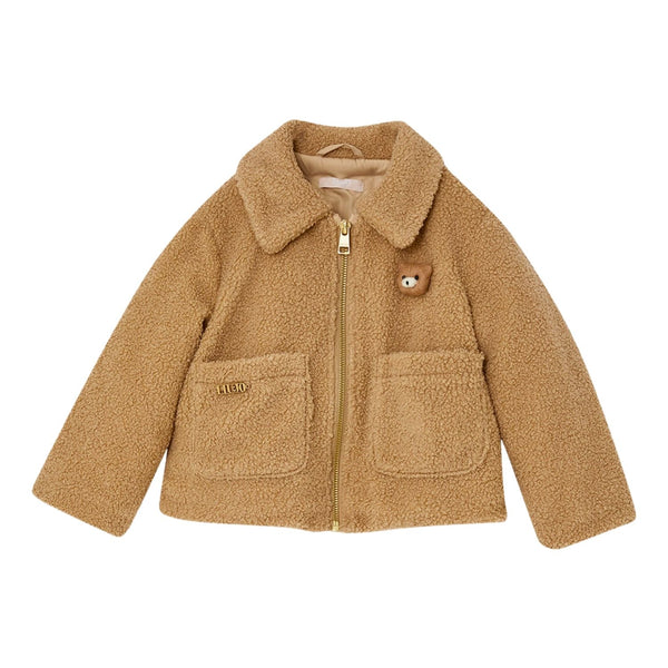 Girls Beige Bear-Brooch Patch Pocket Jacket