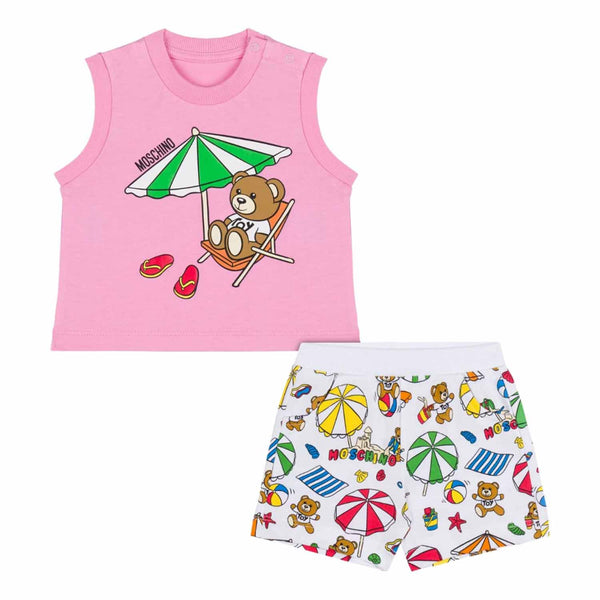 Baby Girls Pink & White Teddy Bear Shorts Set